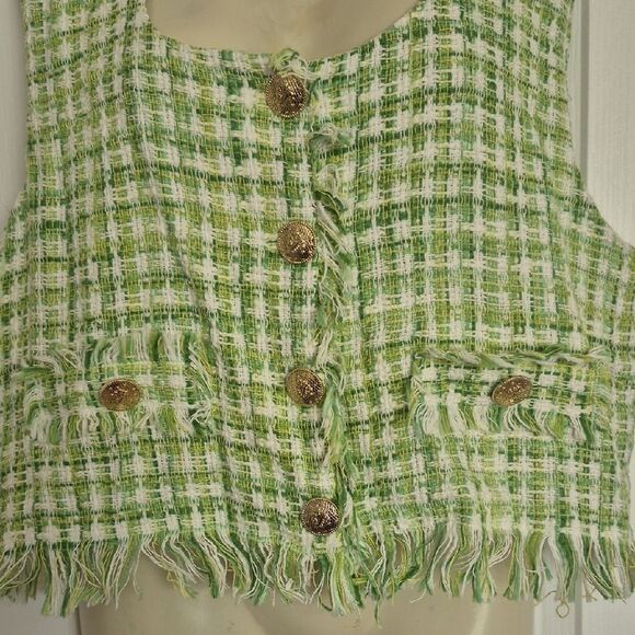 Zara Green and White Tweed Buttoned Blouse - Picture 7 of 16